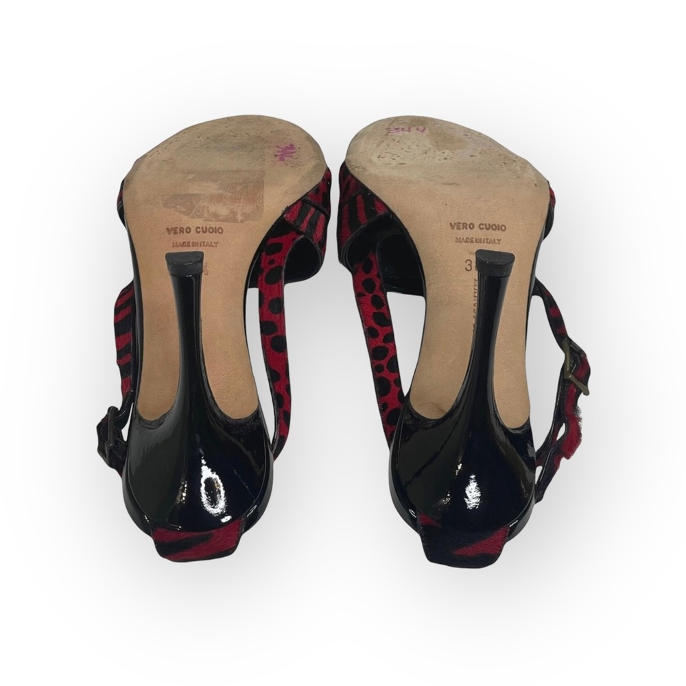 Manolo Blahnik โ Animal Printed Calf Hair Slingback Stiletto Sandals โ Black Red - Picture 14 of 17